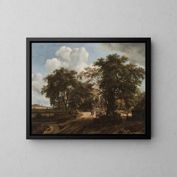 Een huisje in het bos - Meindert Hobbema — ingelijst kunstwerk aan de muur