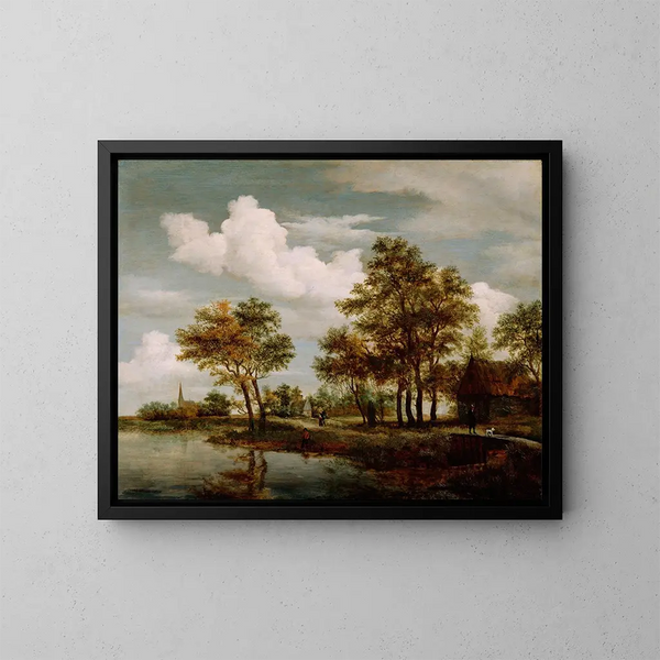 Een rivier scène - Meindert Hobbema — ingelijst kunstwerk aan de muur