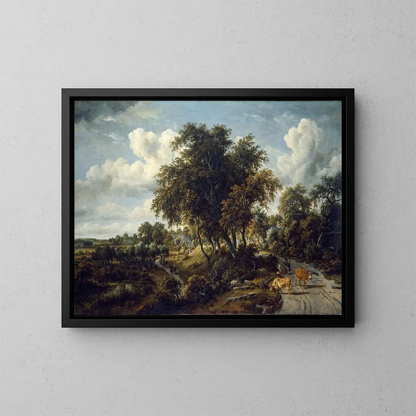 van een bebost landschap met een pad op de dijk - Meindert Hobbema — ingelijst kunstwerk aan de muur