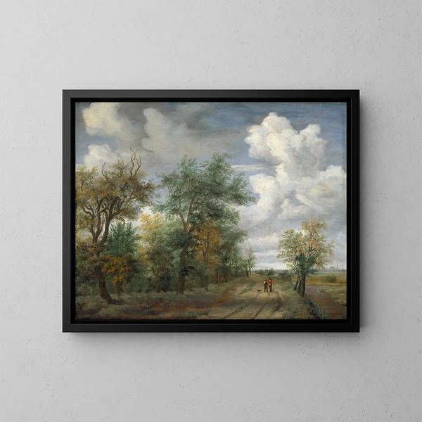 Een bebost landschap met figuren - Meindert Hobbema — ingelijst kunstwerk aan de muur