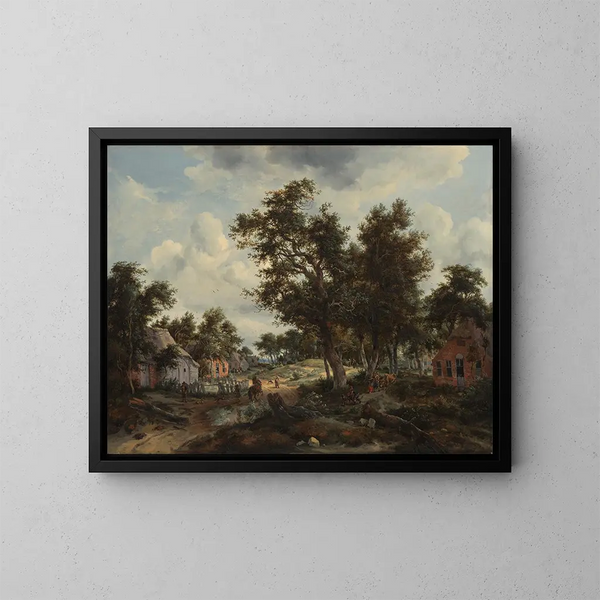 van een bebost landschap met reizigers op een pad door een gehucht - Meindert Hobbema — ingelijst kunstwerk aan de muur