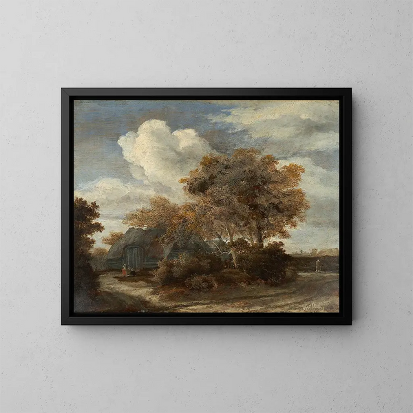 Hutte aan de rand van de weg - Meindert Hobbema — ingelijst kunstwerk aan de muur