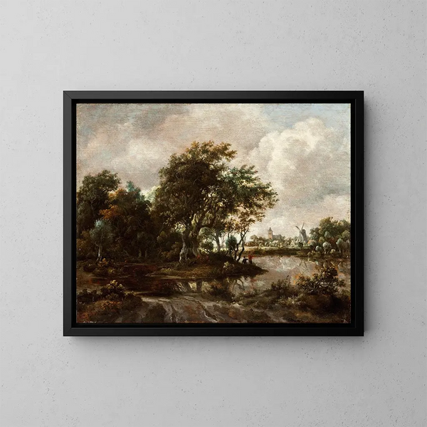 Landschap met vissers en een verre stad - Meindert Hobbema — ingelijst kunstwerk aan de muur