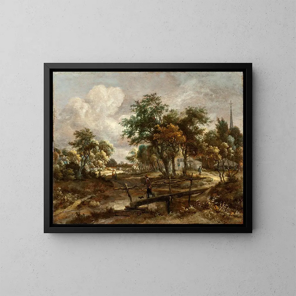 Landschapschilderij met een steiger - Meindert Hobbema — ingelijst kunstwerk aan de muur