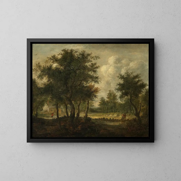 Landschap met figuren - Meindert Hobbema — ingelijst kunstwerk aan de muur