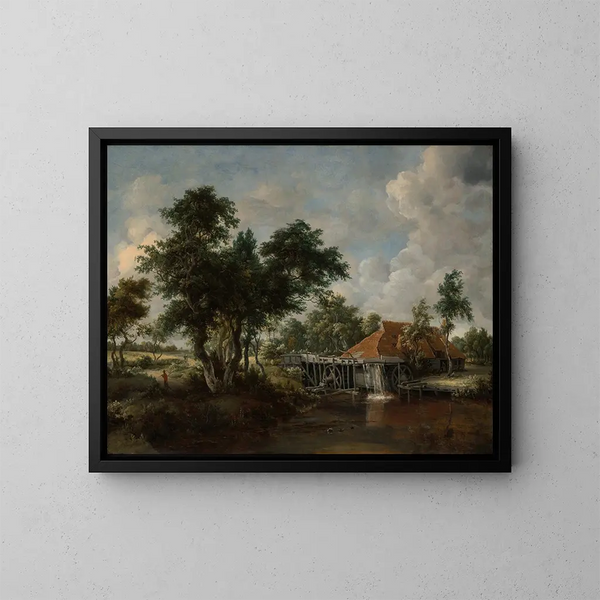 De watermolen met het grote rode dak - Meindert Hobbema — ingelijst kunstwerk aan de muur