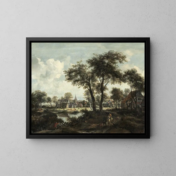 Dorp bij een vijver - Meindert Hobbema — ingelijst kunstwerk aan de muur