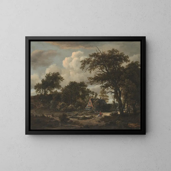 Landschap met bos, cottage en ruiter - Meindert Hobbema — ingelijst kunstwerk aan de muur