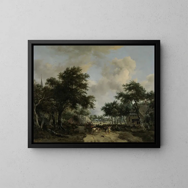 Boslandschap met vrolijke metgezellen in een kar - Meindert Hobbema — ingelijst kunstwerk aan de muur