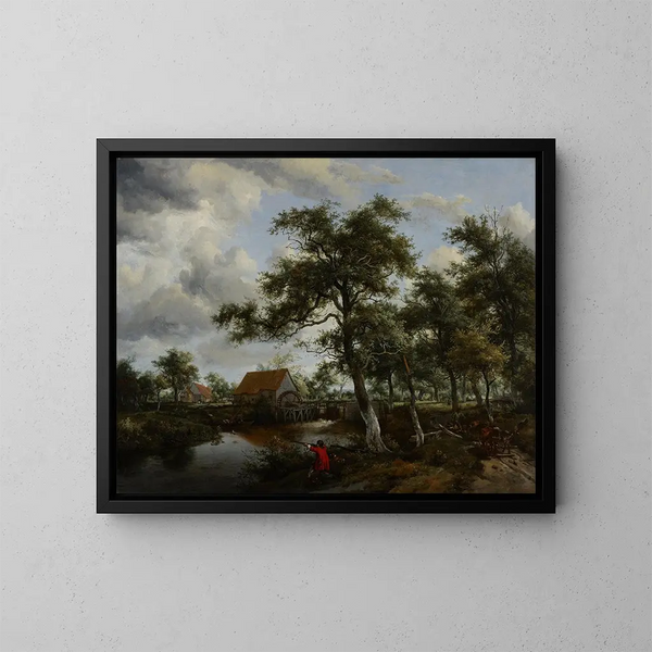 Boslandschap met watermolen - Meindert Hobbema — ingelijst kunstwerk aan de muur