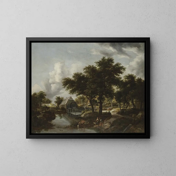 Landschap met een watermolen - Meindert Hobbema — ingelijst kunstwerk aan de muur
