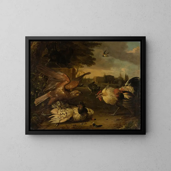 van een haan die een hen verdedigt tegen een roofvogel die aanvliegt - Melchior d'Hondecoeter — ingelijst kunstwerk aan de muur