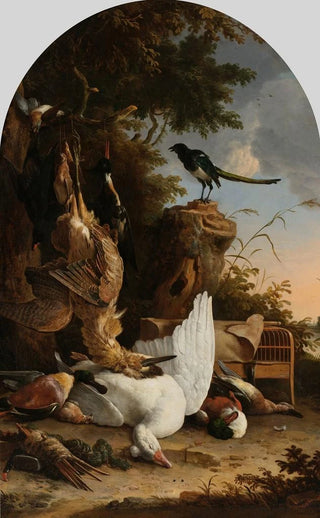 Melchior dHondecoeter - A Hunters Bag near a Tree Stump with a Magpie Known as The Contemplative Magpie.webp