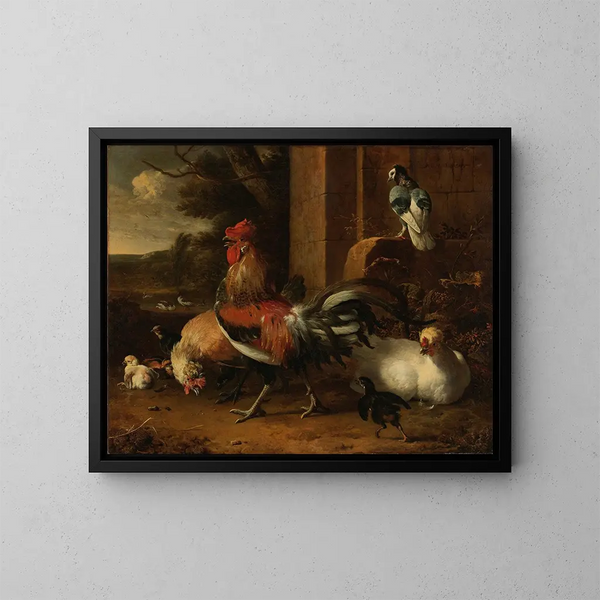 van Een boerderijplein - Melchior d'Hondecoeter — ingelijst kunstwerk aan de muur