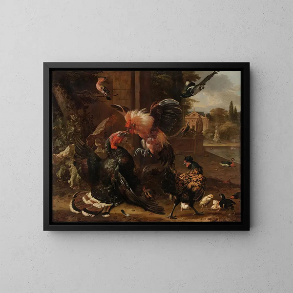 Een haan en een kalkoen die met elkaar vechten - Melchior d'Hondecoeter — ingelijst kunstwerk aan de muur