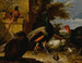 Een pauw, een parelhoen, een fazant, een kalkoen, een haan en een kuiken bij een muur, met een landschap daarachter - Melchior d'Hondecoeter — weergave van het kunstwerk