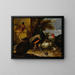 Een pauw, een parelhoen, een fazant, een kalkoen, een haan en een kuiken bij een muur, met een landschap daarachter - Melchior d'Hondecoeter — ingelijst kunstwerk aan de muur