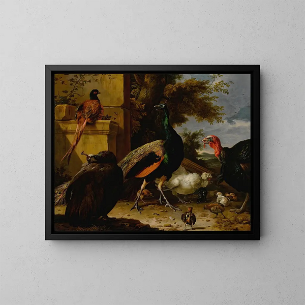 Een pauw, een parelhoen, een fazant, een kalkoen, een haan en een kuiken bij een muur, met een landschap daarachter - Melchior d'Hondecoeter — ingelijst kunstwerk aan de muur