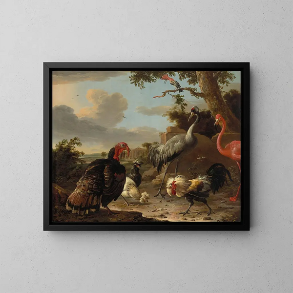 Een sarusgans, een roze flamingo, een wilde kalkoen in brons, twee Padua-kippen, een speelhaan in zilver en een hup in een landschap - Melchior d'Hondecoeter — ingelijst kunstwerk aan de muur
