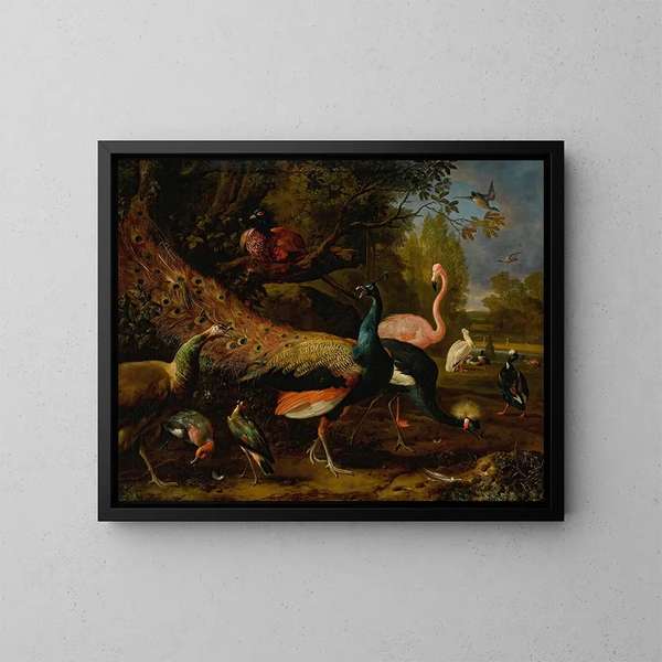 exotische vogels, waaronder een pauw en een pauwin, een flamingo, een Afrikaanse reiger, een fazant, een watersnip, een eend met een snavel, een pelikaan en een eend met een pluim. - Melchior d'Hondecoeter — ingelijst kunstwerk aan de muur