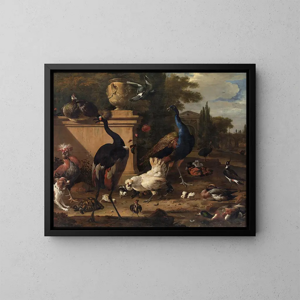 van een lopende kip in een herenhuis - Melchior d'Hondecoeter — ingelijst kunstwerk aan de muur