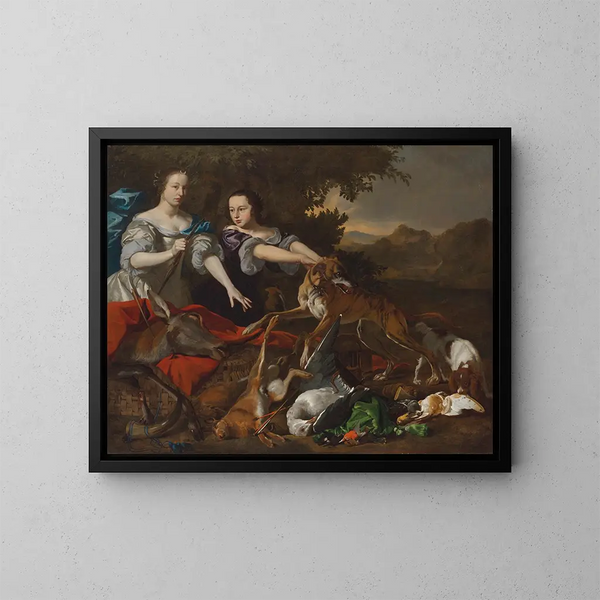 Portret van een dame als godin Diana en haar assistente met de karkassen van de jacht - Melchior d'Hondecoeter — ingelijst kunstwerk aan de muur