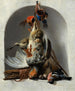Natuurschilderij met vogels en jachtmateriaal in een nis - Melchior d'Hondecoeter — weergave van het kunstwerk