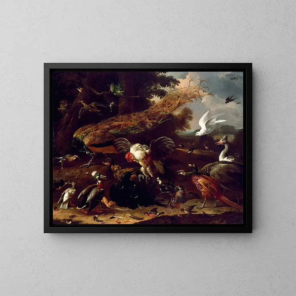 De raaf tentoongesteld - Melchior d'Hondecoeter — ingelijst kunstwerk aan de muur