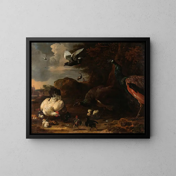 van twee pauwen die een kip met kuikens bedreigen, bekend als De Bedreigde Kip - Melchior d'Hondecoeter — ingelijst kunstwerk aan de muur