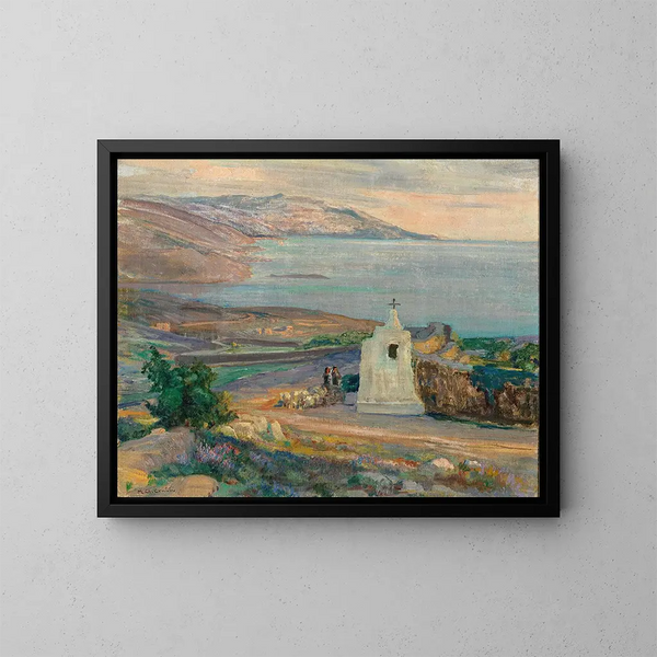 van een kustlandschap in de avond met kapel - Menci Clement Crnčić — ingelijst kunstwerk aan de muur