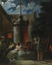 Een nacht onder het maanlicht op het plein voor de kathedraal van de Assumptie van Maria in Mexico-Stad - Mexicaanse school — weergave van het kunstwerk
