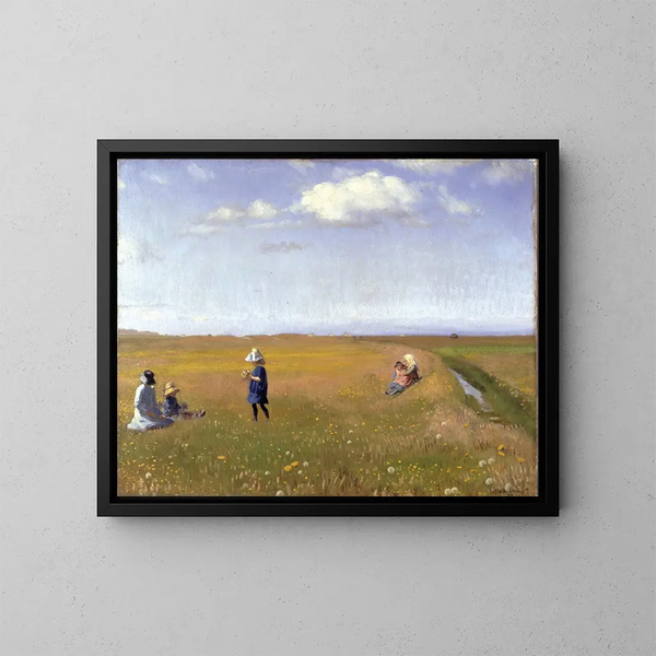 van kinderen en jonge meisjes die bloemen plukken in een veld ten noorden van Skagen - Michael Ancher — ingelijst kunstwerk aan de muur