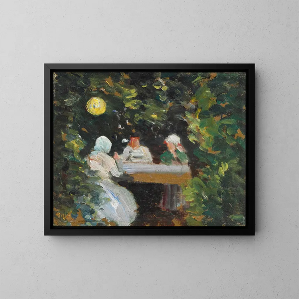 "Ensemble dans le jardin un soir d'été sous la lampe" - Michael Ancher — ingelijst kunstwerk aan de muur