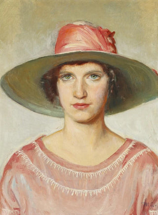 Michael Ancher - Portrt af en pige i lyserd kjole og strhat med lyserdt bnd.webp