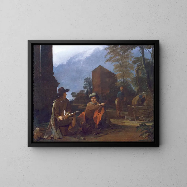 van Schilders die rusten bij een fontein - Michael Sweerts — ingelijst kunstwerk aan de muur