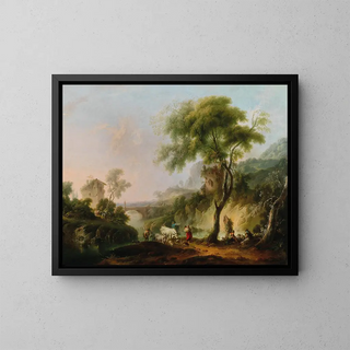 Een mediterrane landschap met herders en hun kudde - Michael Wutky — ingelijst kunstwerk aan de muur