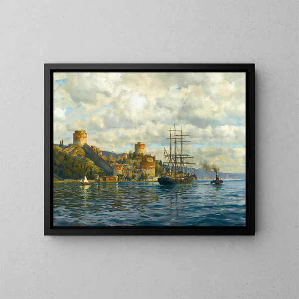 van het uitzicht op de Bosporus met Rumelihisari - Michael Zeno Diemer — ingelijst kunstwerk aan de muur