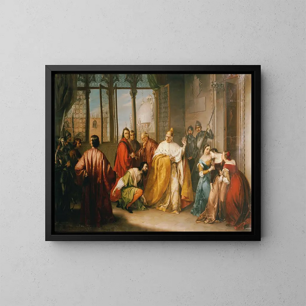 De Doge Francesco Foscari stuurt zijn zoon Giacomo in ballingschap - Michelangelo Grigoletti — ingelijst kunstwerk aan de muur