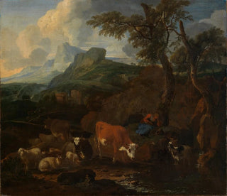 Michiel Carree - Ruhende Hirtin mit Herde in sdlicher Landschaft.webp