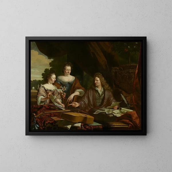 David, Agneta en hun dochter Catherina de Neufville - Michiel van Musscher — ingelijst kunstwerk aan de muur