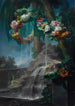 Outdoor scene painting with a spring flowing into a basin, flower garlands, and a distant aqueduct - Miguel Parra Abril — artwork view