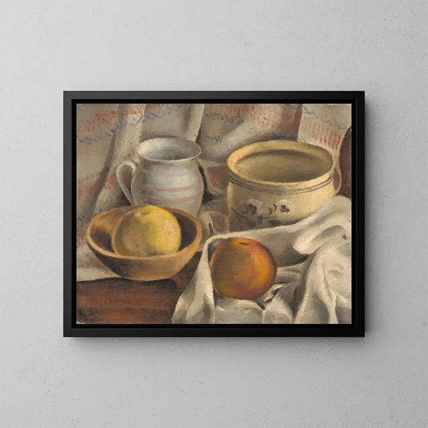 Natuurstudie met keramieken potten en appels - Mikuláš Galanda — ingelijst kunstwerk aan de muur