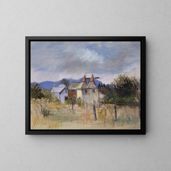 huizen voor droging, Motueka - Mina Arndt — ingelijst kunstwerk aan de muur