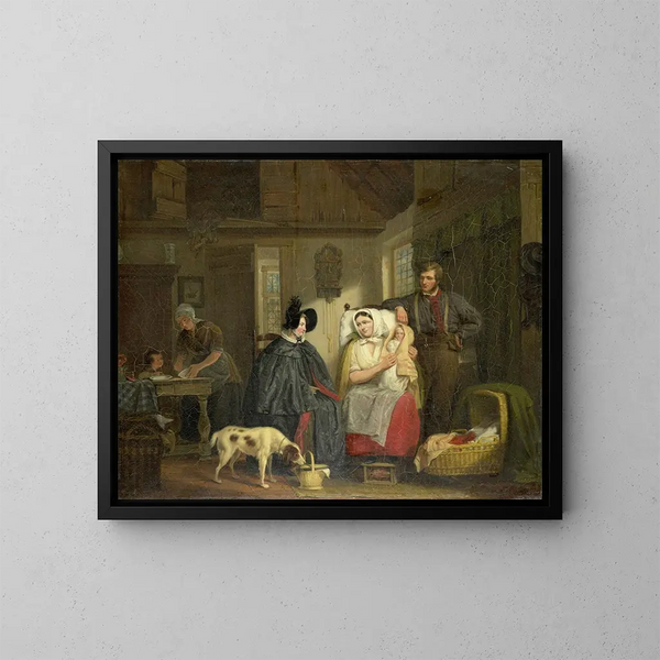 Bezoek aan een nieuwe moeder - Moritz Calisch — ingelijst kunstwerk aan de muur