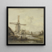 Windmill painting in front of a city with a tall tower, a woman walking on a delineated path - Jan Hulswit — framed artwork on a wall