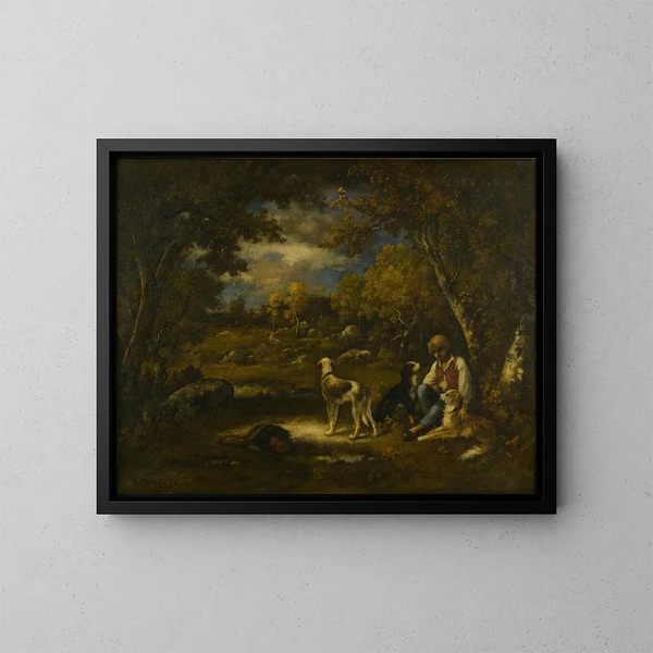 Jongens met zijn honden in een bos - Narcisse Virgile Diaz de la Peña — ingelijst kunstwerk aan de muur