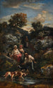Quatre Bohémiens et chiens près d'une mare de rochers - Narcisse Virgile Diaz de la Peña — weergave van het kunstwerk