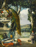 Natuurschilderij met pauwenbloemen, fruit en een Japanse vaas, een uitgestrekt parklandschap daarachter - Narcisse Virgile Diaz de la Peña — weergave van het kunstwerk