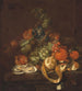 Natuurschilderij met citroenen, oesters, druiven en vlinders op een schoorsteenmantel - Cornelis de Heem — weergave van het kunstwerk