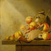 Natuurstudie met fruit en een met veren bedekt eend - Harmen van Steenwijck — gepresenteerd in een interieur